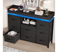 CXHLXYR Commode 8 tiroirs avec LED,Armoire avec 2 Ports USB et 2 Ports AC,Meuble de Rangement en Tissu,Armoire à tiroirs multifonctionnelle pour Chambre,Couloir,Salon,108x30x82cm(Noir, 8)