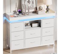 CXHLXYR Commode 8 tiroirs avec LED,Armoire avec 2 Ports USB et 2 Ports AC,Meuble de Rangement en Tissu,Armoire à tiroirs multifonctionnelle pour Chambre,Couloir,Salon,108x30x82cm(Blanc, 8)