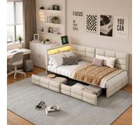 CXHLXYR Lit Capitonné 90x200 cm,Lit 90x200 avec Sommier LIT Double avec 2 tiroirs et Lampe de Chevet LED, Ports USB et Type-C, Lits pour Adolescent Cadre de Lits Simple en Lin(Beige-K, 90x200)