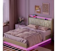 CXHLXYR Lit Coffre 140x200 avec sommier, Lit rembourré avec tête de lit, Lits 2 Place avec Lumière LED et Interface USB, Cadre de liT, Support à Lattes en Bois Solide, Tissu en Velours(Blanc, 140)