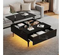 CXHLXYR Tables Basse à Plateau Relevable 70x70x35cm, Table Basse avec Compartiment de Rangement Caché et étagères, Tables Basses Lumineuse à LED Réglable, Table Basses Moderne Salon (Noir-e, E)