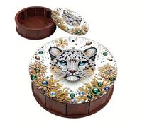 CXINLky Diamond Art Painting Boîte de rangement en forme ronde, boîte à bijoux avec couvercle, boîte de rangement en bois, organisateur cadeau, 10 léopard des neiges