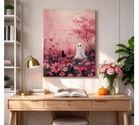 CXLLSDP Affiche artistique fantôme avec fleur rose, impression sur toile chat noir fantomatique, décoration murale sur le thème d'Halloween pour chambre à coucher (30x50cm/cadre intérieur)
