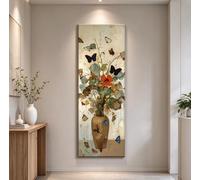 CXLLSDP Impression sur toile au format vertical allongé, affiche artistique vintage avec papillon, vase français et décor floral, tableau mural pour hall d'entrée (20x60cm/sans cadre)