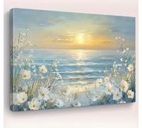 CXLLSDP Tableau mural floral lever de soleil sur l'océan, impression sur toile, paysage côtier, fleurs sauvages rustiques, décoration pour salon et chambre (30x50cm/sans cadre)