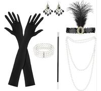 CXNXFD Ensemble d'accessoires de costume des années 1920, 6 pièces, noir et blanc, style Charleston Flapper, avec gants, collier de perles, bandeau avec plume, boucles d'oreilles, costume de fête