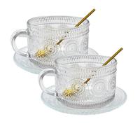 CXRYLZ-FUR Lot de 2 tasses à café, grands verres à thé avec anse, 2 soucoupes en verre, 2 cuillères, verres en cristal avec soucoupes pour cappuccino, thé, latte, macchiato, café glacé, lait