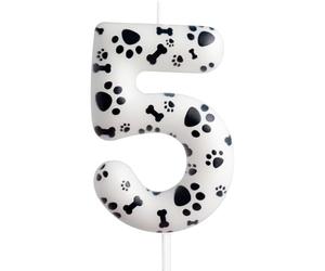 Cxryrzhe Bougie d'anniversaire du 5e anniversaire Numéro 5 Décoration de gâteeau Empreinte de patte de chien blanc Thème Décoration de gâteau pour décoration de fête pour garçon fille Fournitures