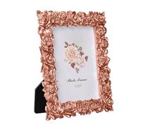 CXYNKLEAE Cadre Photo 5 x 7 Pouces Style Vintage Rose Doré, Cadre en Résine à Motif Fleur de Rose Sculpté à la Main, Décoration Florale pour Intérieur à Poser (Or rose, 5X7)