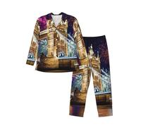 Cxzmnba Night London Tower Bridge Pyjama 2 pièces à manches longues pour homme, coupe décontractée, confortable, tailles S à XXL, Noir , S