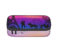 Cxzmnba Valentine Paris Tour Eiffel romantique Couple Carrosse Coucher de soleil Trousse pour garçons et filles Essentiel pour la rentrée scolaire Fournitures pour étudiants Trousse à crayons, Noir