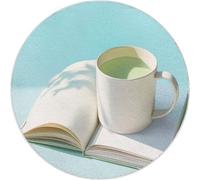 Cyan Crème Tapis Rond pour Chambre à Coucher, Lavable Doux et antidérapant pour Salon - Tapis Rond à imprimé Minimal Carnet Tasse d'eau de 160 cm pour Bureau et entrée