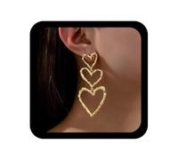 Cybche Boucles d'oreilles pendantes vintage en forme de cœur doré texturé - Boucles d'oreilles pendantes en forme de cœur - Grandes boucles d'oreilles à cœurs ouverts - Triple amour - Bijoux pour