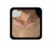 Cybche Collier Boho En Perles De Rocaille Collier Ras Du Cou Mariage Minuscules Colliers En Perles Chaîne Pendentif Coeur En Émail Rose Colliers Minimaliste En Perle De Riz Bijoux