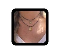Cybche Collier ras du cou vintage en cuir avec pendentif céleste en forme de lune et soleil - Noir ciré - Chaîne en forme de croissant - Bijoux pour femme, Zinc