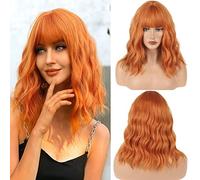 Cybelleza Perruques courtes et bouclées avec frange pour femmes 35,6 cm longueur d'épaule perruques de cheveux synthétiques naturels ondulés pour fille costume de fête cosplay grand, orange foncé