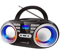 Cyberlux Lecteur CD portable, stéréo, USB, Boombox, CD/CD-R, radio FM, entrée AUX, prise casque, 20 emplacements mémoire, lumières disco LED, noir/argenté