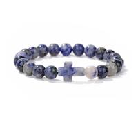 CYDXD Bracelet en Perles de Sodalite Naturelle de 8mm Avec Breloque en Croix,Bracelet Élastique Fait Main en Perles,Style Chrétien,pour Homme et Femme,Bleu et Blanc.