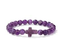CYDXD Bracelet en Pierre Naturelle de 8mm,Améthyste Naturelle Avec Breloque en Croix,Élastique et Réglable,pour Hommes et Femmes,Cadeaux pour Les Fidèles Chrétiens.