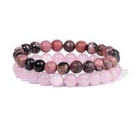 CYDXD Lot de 2 Bracelets de Perles en Pierre Naturelle,8mm,Quartz Rose et Rhodonite,Réglables et Extensibles,pour Hommes et Femmes,Anniversaires et Festivals.