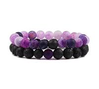 CYDXD Lot de 2 Bracelets en Pierre Naturelle pour Couple,8mm,Agate Veineuse Violette et Pierre de Lave Noire,Perles Faites Main pour Hommes et Femmes,Cadeaux Faits Main 8mm