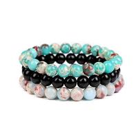 CYDXD Lot de 3 Bracelets en Pierre Naturelle,Perles Rondes de 8mm,Extensibles et Réglables,Cadeaux D'Amitié pour Hommes et Femmes,Anniversaire,Yoga,Bleu et Noir,8mm