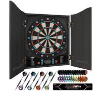 CyeeLife Cible de Fléchettes Électronique avec Meuble en Bois, Machine à Fléchettes Électronique, Cible avec 34 Jeux et 355 Variantes, Mode 8 Joueurs, Affichage LED, Voix Française