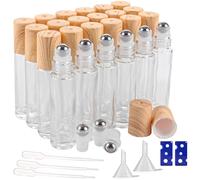 CYEER 24 Flacons Roll On Vide 10ml, Bouteilles en Verre Transparent avec Billes en Acier Inox et Bouchons Aspect Bois, Kit DIY pour Huiles Essentielles, Parfum, Aromathérapie et Voyage