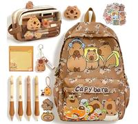 CYGMRFH Capybara - Ensemble de papeterie avec sac à dos mignon Capybara pour enfants et adolescents avec stylos, porte-clés, trousse à crayons en silicone sur le thème des animaux, marron, E-1., M