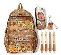 CYGMRFH Capybara - Ensemble de papeterie avec sac à dos mignon Capybara pour enfants et adolescents avec stylos, porte-clés, trousse à crayons en silicone sur le thème des animaux, marron, E-3., M