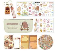CYGMRFH Capybara Papeterie Set 18pcs, Mignon Capybara Stylo Sac Fermeture à Glissière, Autocollant, Bande Dessinée avec Clip Imperméable à l'eau, Porte clés, Bureau étudiant Papeterie Fournitures
