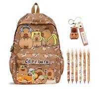 CYGMRFH Capybara Schoolbag Cartoon Sac à Dos Scolaire en Nylon Grande Capacité 18.9L Kawaii Capybara Porte-Clés PVC, 6 Crayons Gel Effacables 0.5mm Pen Set Cute Cadeau pour Enfants Élèves