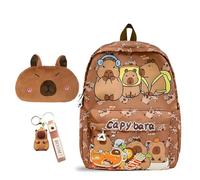 CYGMRFH Capybara Schoolbag Cartoon Sac à Dos Scolaire en Nylon Grande Capacité 18.9L Kawaii Capybara Porte-Clés PVC, Sac Plume Capybara en Peluche, Cute Cadeau pour Enfants Élèves