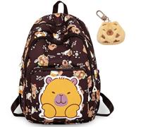 CYGMRFH Capybara Schoolbag Cartoon Sac à Dos Scolaire Grande Capacité Kawaii Capybara Backpack & Porte-Clés, Peluche Set Cute Cadeau pour enfants (Marron)