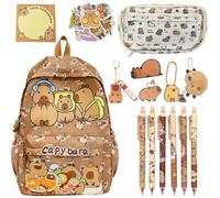 CYGMRFH Capybara Schoolbag Cartoon Sac à Dos Scolaire Grande Capacité Kawaii Capybara Federmäppchen & Porte-Clés, Peluche, 6 Crayons Gel Effacables Pen Set Cute Cadeau pour Enfants