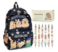 CYGMRFH Capybara Schoolbag Cartoon Sac à Dos Scolaire Grande Capacité Kawaii Capybara Federmäppchen Porte-Clés Capybara Mignon 4 Stylo Effacables Cartoon Cadeau pour enfants (Noir)
