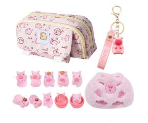 CYGMRFH Capybara Trousse à Crayons Set, 13PCS Compris Capibara Pen Pack Grande Capacité,Mini Peluche Capybara, Mignon Keychain,10 Mini Figurines Capybara en Résine, Cartoon Papeterie Sac