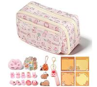 CYGMRFH Capybara Trousse à Crayons Set, 42 PCS Compris Capibara Pen Pack,2 Mini Peluche Capybara, Mignon Keychain, 15 Mini Figurines Capybar en Résine, 20 Autocollants, 2 Broches, Poupée