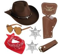 CYGMRFH Ensemble d'accessoires de costume de cowboy marron - Chapeau de cowboy occidental avec clous en métal, ceinture, bandana rouge et lunettes de soleil en forme de cœur, kit complet de