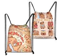 CYGMRFH Lot de 2 Sacs à Dos à Cordon Capybara - Beige Chaud et Rose Clair avec Imprimé Cartoon, Cordon & Bretelles Noirs, Sac de Sport Léger pour Femmes Filles