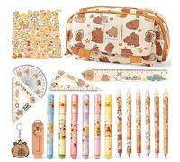 CYGMRFH Set Papeterie Capybara 21 Pièces, Trousse Kawaii Stylos Gel Effaçables, Surligneurs Règles Gomme Autocollants & Porte-clés, Fournitures Scolaires Enfants, Cadeau Rentrée Anniversaire Noël