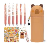 CYGMRFH Trousse Capybara avec 6 Stylo Effaçable, Porte-clés, Trousse 2 en 1 en Silicone Extensible, Papeterie Scolaire Kawaii, Cadeau pour Enfant, Fournitures Scolaires et Autocollants(C5)