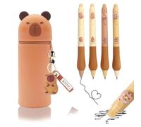 CYGMRFH Trousse Capybara avec 6 Stylo & Porte-Clés, Capybara Trousse 2 en 1 en Silicone Souple, Pochette Stylo, Carton Pencil Case Silicone Verticale - Papeterie Kawaii pour Fournitures Scolaires