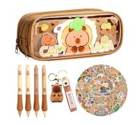 CYGMRFH Trousse Capybara Transparente, Set de 56 Articles de Papeterie Capybara avec Autocollants, Porte-Clés & Stylos Gel Effaçables, Cadeau Mignon pour Enfants à l'École & au Bureau