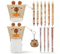 CYGMRFH Trousse Extensible Capybara Orange Set 12 pièces, 2-en-1 Pochette Pot à Crayons avec 10 stylos Gel Bleus Gomme & Porte-clés, Fournitures Scolaires Kawaii Enfants, Cadeau rentrée Anniversaire