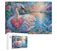 Cygne Blanc avec cœur Floral sur Le lac éclairé par la Lune Puzzle 300 Pièces pour Adultes Jeu De Détente Endurance Mentale Cadeau pour Longues Soirées 300 PCS