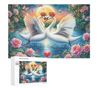 Cygnes avec Bouquet de Roses au Coucher du Soleil Puzzle 1000 Pièces pour Adultes Jeu Logique Stimulation du Cerveau Cadeau pour Toutes Occasions 1000 PCS