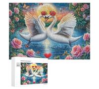 Cygnes avec Bouquet de Roses au Coucher du Soleil Puzzle 300 Pièces pour Couples Soirée Jeu Interaction Cognitive Cadeau pour Moments Partagés 300 PCS