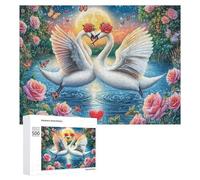 Cygnes avec Bouquet de Roses au Coucher du Soleil Puzzle 500 Pièces pour Adultes Entraînement Cérébral Maîtrise Logique Cadeau pour Amateurs De Défis 500 PCS