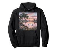 Cygnes Blancs sur Le lac en Rose Pastel au Coucher du Soleil avec Fleurs Sweat à Capuche